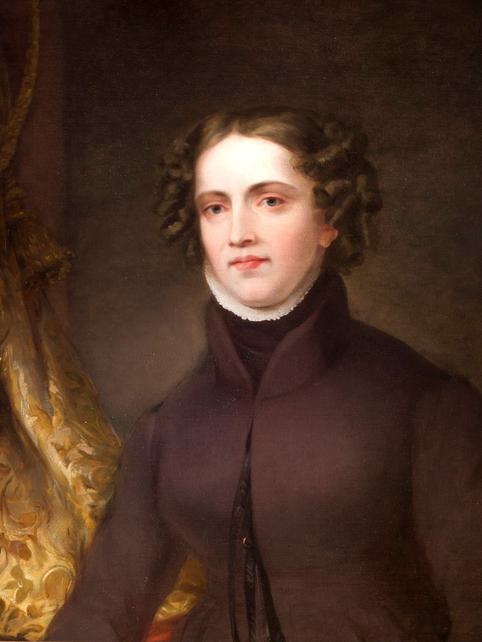 Painting of a white woman with short, brown, curled hair. She is wearing a dark brown coat.