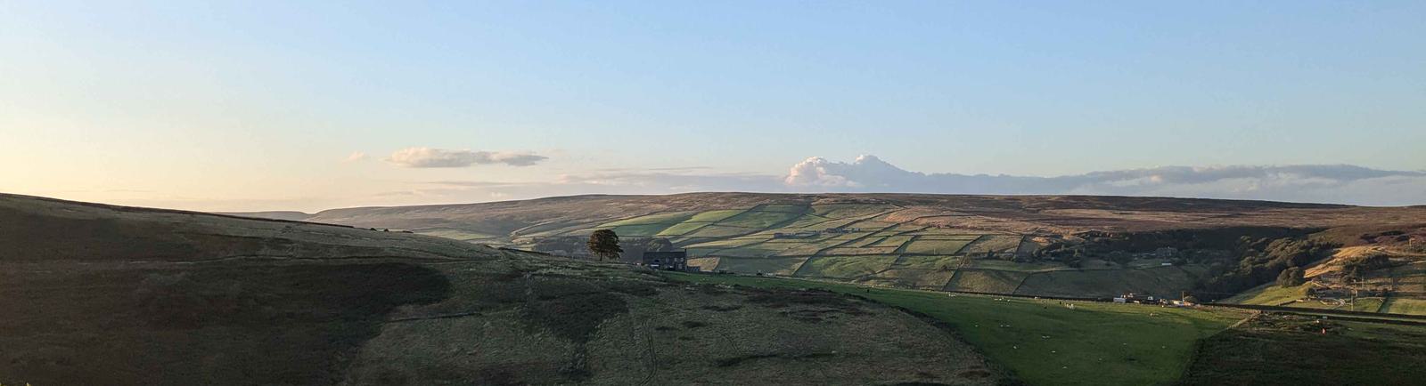 A view over the moors at sunset.