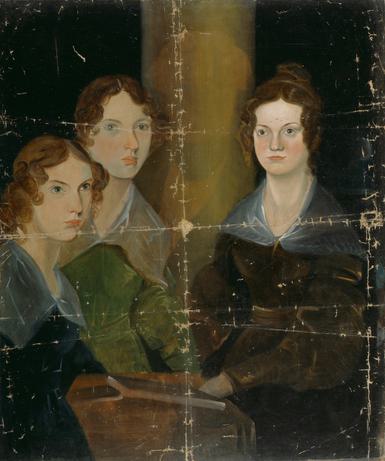 Oil painting of three young, early-19th-century women, with a pillar painted between them and fold marks on the canvas.