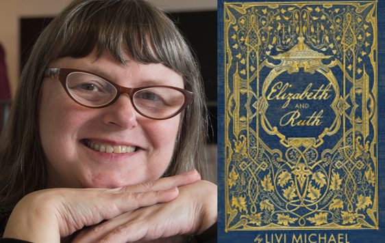 A woman wearing glasses and a image of a book cover.