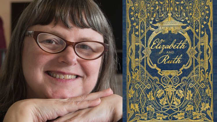 A woman wearing glasses and a image of a book cover.