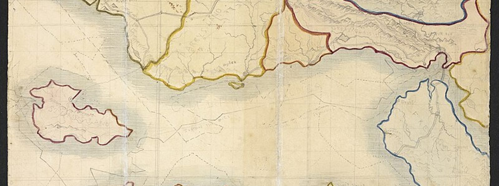 A yellowed sketch of a map of imagined lands, bordered in different colours.