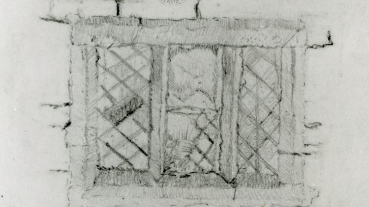 Pencil drawing of a latticed window.