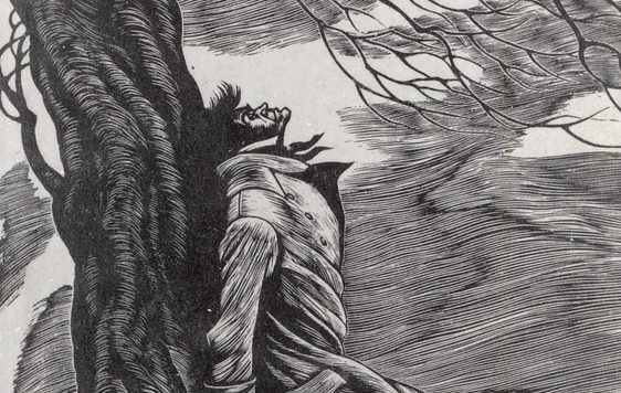 Black and white illustration of a man leaning his back against a tree in the wind.