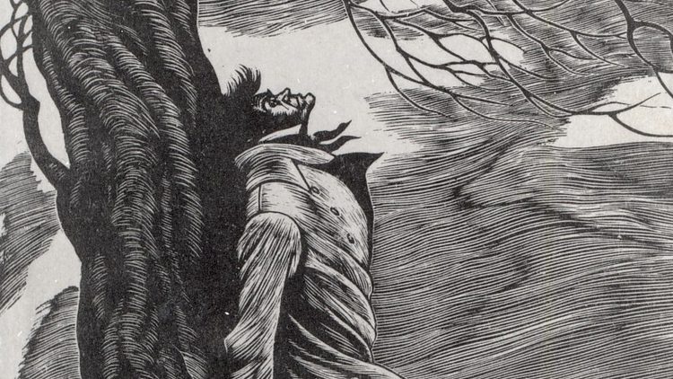 Black and white illustration of a man leaning his back against a tree in the wind.