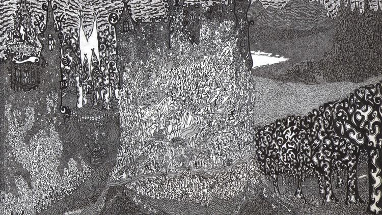 A black and white, heavily detailed drawing of an imaginary land.