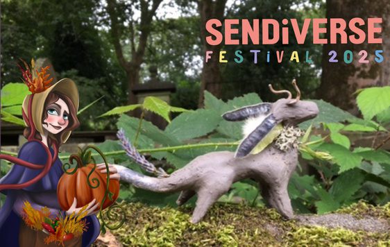 Photo of a mythical creature made from clay, with leaves in the background. In the top right corner is the SENDiVERSE! logo and in the bottom left is an illustration of a woman holding a pumpkin.