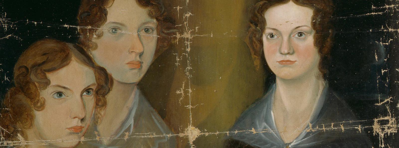 Oil painting of three young, early-19th-century women, with a pillar painted between them and fold marks on the canvas.