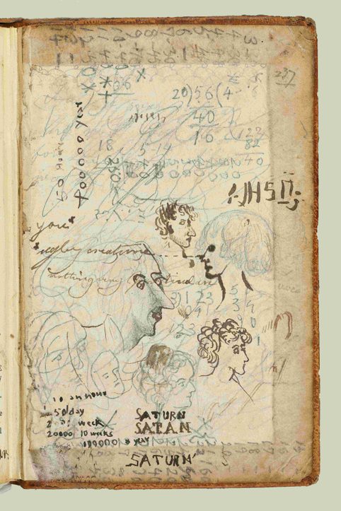 The back inside cover of a book, covered in sketches and handwriting.