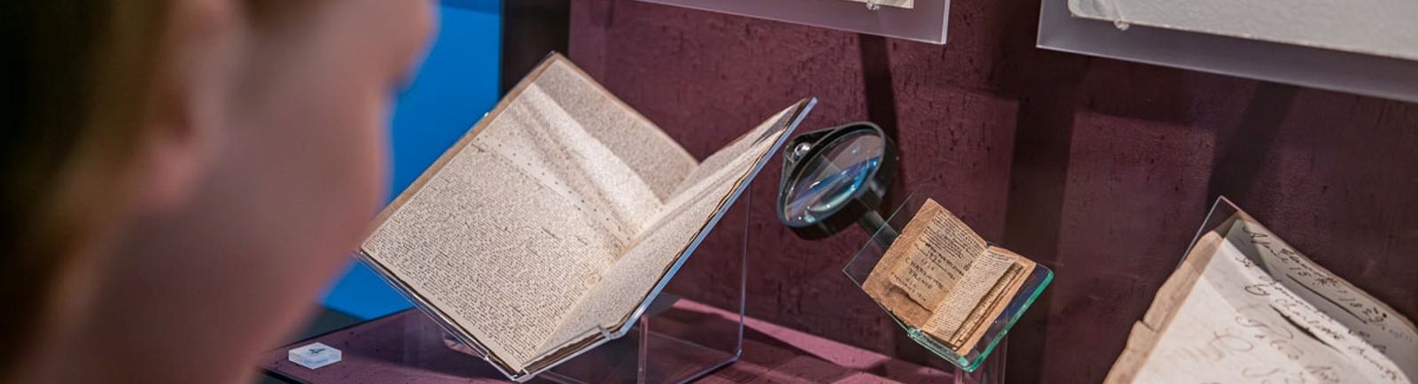 Photo of a visitor looking at manuscripts and little books in a glass case.