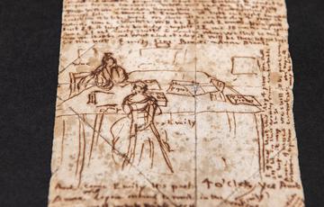 Photo of a yellowed piece of paper, including dark handwriting and a sketch of two figures sitting at a desk.