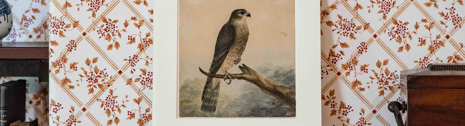 Photo of a painting of a bird, propped up on a mantelpiece.