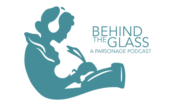 Blue graphic of silhouette of a woman wearing headphones writing at a Victorian writing desk.