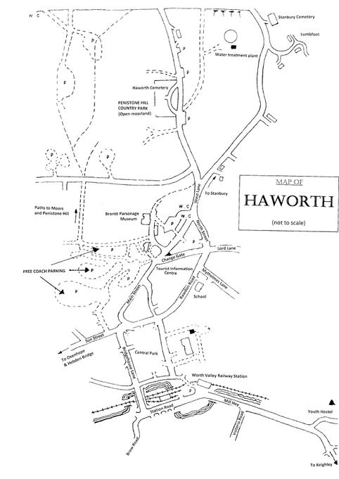 A black and white line drawing map of Haworth village.
