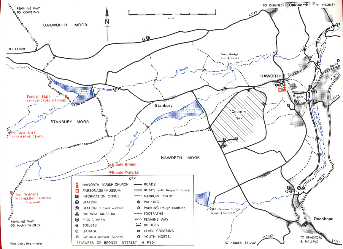 Drawing of a simple line map, including a map key in a box.